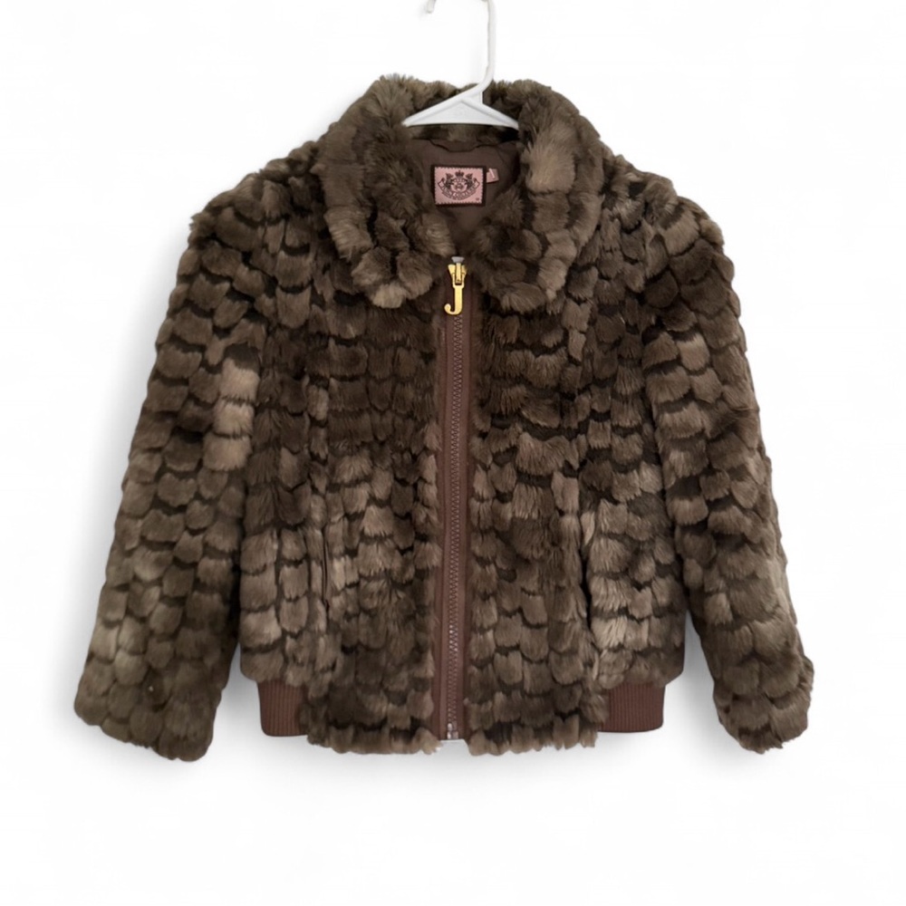 Juicy Couture Girls Faux Fur Jacket Gold Zipper Size 10 Brown Y2K Old Money